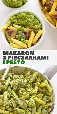 Wegetariański makaron penne z pieczarkami i orzechowym pesto. Szybki obiad z podstawowych składników.