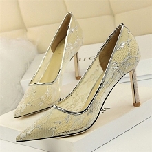 Piękne Srebrny Koronkowe Wieczorowe Czółenka 2019 8 cm Szpilki Szpiczaste Czółenka