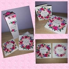 W dniu ślubu - kartka, pudełko i wino wykonane na wzór zaproszenia