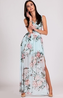 Miętowa długa sukienka w kwiaty