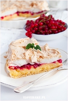 Tarta z budyniem, bezą i porzeczkami