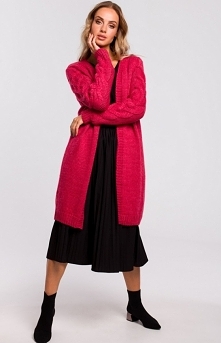 MOE Długi kardigan z warkoczowym splotem malinowy M469