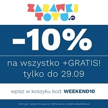 10% rabatu na wszystkie zabawki + GRATIS!
Obowiązuje 27 wrz – 29 wrz
-10% na kilka tysięcy zabawek dostępnych w zabawkitotu.pl + GRATIS niespodzianka do każdego zamówienia! Tylk...
