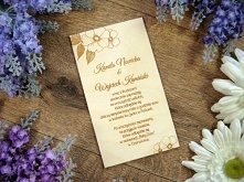 drewniane, grawerowane zaproszenia na ślub z motywem dzikiej róży, różne wzory, projekt i wykonanie JOT STUDIO