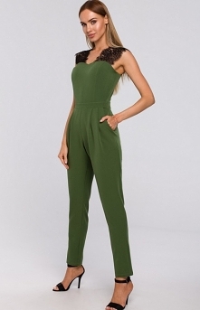MOE Elegancki kombinezon zielony z koronką M484