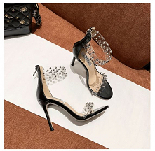 Przezroczysty Seksowne Czarne Zużycie ulicy Nit Sandały Damskie 2020 Skórzany 10 cm Szpilki Peep Toe Sandały