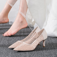 Uroczy Szampan Ślub Z Koronki Czółenka 2020 Rhinestone 6 cm Szpilki Szpiczaste Czółenka