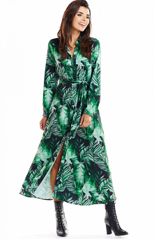Awama Koszulowa długa sukienka A324 zielony print