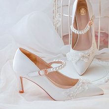 Eleganckie Satyna Białe Kryształ Z Koronki Kwiat Buty Ślubne 2021 Perła 7 cm Szpilki Wysokie Obcasy Szpiczaste Ślub Czółenka