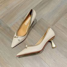 Eleganckie Kość Słoniowa Randki Perła Czółenka 2021 Skórzany 6 cm Szpilki Szpiczaste Czółenka Wysokie Obcasy