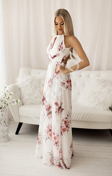 Fenomenalna sukienka w kwiaty. Szyfonowa długa sukienka z odkrytymi plecami. Suknia na wesele, sukienka dla druhny, sukienka na letnie przyjęcia lejdi.pl