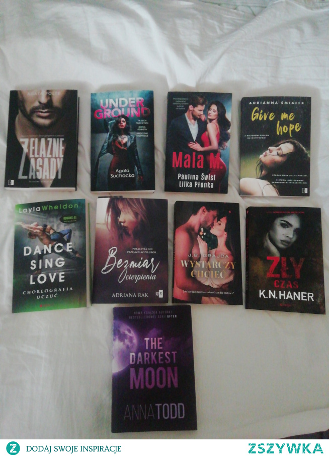 SPRZEDAMY ROMANSE! 
Z możliwością wysyłki przez olx paczkomatem bądź odbiór osobisty Kłodzko/ Krosnowice
Żelazne zasady
Underground
Mala M. 
Give me hope
Dance Sing love 
Bezmiar cierpienia 
Wystarczy chcieć 
Zły czas 
The Darkest moon 
CENA ZA JEDNĄ KSIĄŻKĘ 15 ZŁ :)
MIŁEGO DNIA