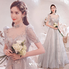 Piękne Srebrny Z Koronki Kwiat Sukienki Na Bal 2021 Princessa Wysokiej Szyi Frezowanie Perła Rhinestone Cekiny Kótkie Rękawy Bez Pleców Długie Sukienki Wizytowe