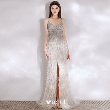 Błyszczące Seksowne Srebrny Frezowanie Cekiny Pióro Sukienki Wieczorowe 2021 Syrena / Rozkloszowane Spaghetti Pasy Bez Rękawów Bez Pleców Długie Wieczorowe Sukienki Wizytowe