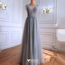 Wysokiej Klasy Szary Cekiny Sukienki Wieczorowe 2021 Princessa Wycięciem Bez Rękawów Bez Pleców Długie Sukienki Wizytowe