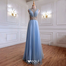 Moda Błękitne Frezowanie Rhinestone Cekiny Sukienki Wieczorowe 2021 Princessa Wysokiej Szyi Bez Rękawów Długie Sukienki Wizytowe