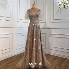 Błyszczące Wysokiej Klasy Frezowanie Cekiny Złote Sukienki Wieczorowe 2021 Princessa Kwadratowy Dekolt Szarfa Kótkie Rękawy Bez Pleców Długie Sukienki Wizytowe