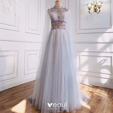 Luksusowe Wysokiej Klasy Szary Frezowanie Cekiny Rhinestone Sukienki Wieczorowe 2021 Princessa Wycięciem Kótkie Rękawy Wieczorowe Trenem Sweep Sukienki Wizytowe