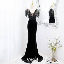 Seksowne Czarne Cekiny Sukienki Wieczorowe 2022 Syrena / Rozkloszowane V-Szyja Bez Rękawów Frezowanie Kutas Bez Pleców Podział Przodu Długie Sukienki Wizytowe