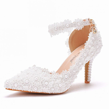 Eleganckie Białe Buty Ślubne 2022 Z Koronki Kwiat Perła Z Paskiem 8 cm Szpilki Szpiczaste Ślub Wysokie Obcasy