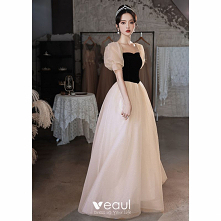 Piękne Szampan Sukienki Na Bal 2022 Princessa Kwadratowy Dekolt Bufiasta Kótkie Rękawy Bez Pleców Długie Sukienki Wizytowe