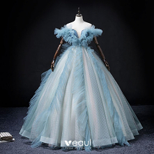 Moda Błękitne Wzburzyć Sukienki Na Bal 2022 Suknia Balowa Przy Ramieniu Kótkie Rękawy Bez Pleców Frezowanie Perła Cekiny Długie Sukienki Wizytowe