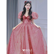 Piękne Czerwone Cekiny Sukienki Na Bal 2022 Princessa Kwadratowy Dekolt Bufiasta Kótkie Rękawy Bez Pleców Długie Sukienki Wizytowe