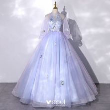 Piękne Błękitne Z Koronki Kwiat Motyl Aplikacje Sukienki Na Bal 2022 Suknia Balowa Wysokiej Szyi Kótkie Rękawy Długie Sukienki Wizytowe