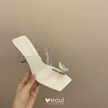 Przezroczysty Seksowne Białe Rhinestone Motyl Wieczorowe Sandały Damskie 2022 8 cm Szpilki Peep Toe Sandały Wysokie Obcasy