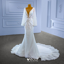 Uroczy Wysokiej Klasy Białe Frezowanie Rhinestone Cekiny Aplikacje Suknie Ślubne 2022 Syrena / Rozkloszowane Wycięciem Długie Rękawy Bez Pleców Długie Ślub
