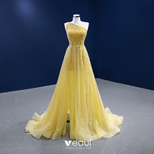 Piękne Żółta Lato Cekiny Sukienki Na Bal 2022 Princessa Jedno Ramię Bez Rękawów Bez Pleców Podział Przodu Trenem Sweep Sukienki Wizytowe