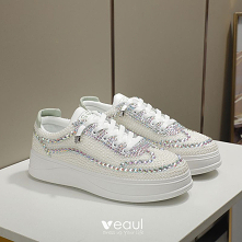 Wygodna Kość Słoniowa Perła Rhinestone Ślub Trampki 2022 Skórzany Okrągłe Toe Buty Ślubne