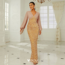 Uroczy Złote Cekiny Sukienki Wieczorowe 2022 Syrena / Rozkloszowane V-Szyja Długie Rękawy Wieczorowe Długie Sukienki Wizytowe