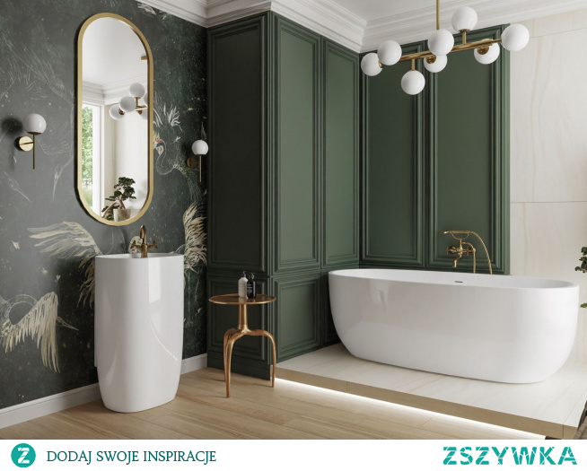 Kremowy kamień i zielone sztukaterie w pięknej łazience w stylu glamour.