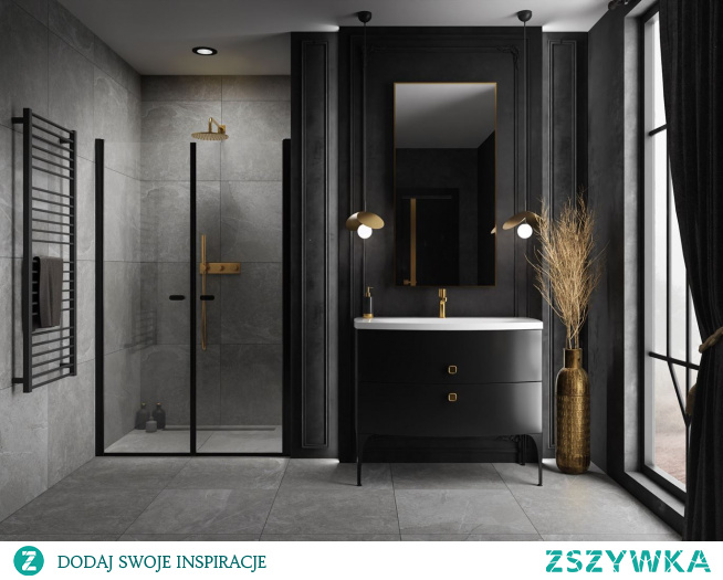 Szara łazienka w nowoczesnym wydaniu ze złotymi akcentami.