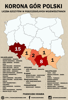 Korona Gór Polski to najwyższe szczyty 28 pasm górskich leżących na terenie naszego kraju. Infografika przedstawia najciekawsze fakty o szczytach Korony.