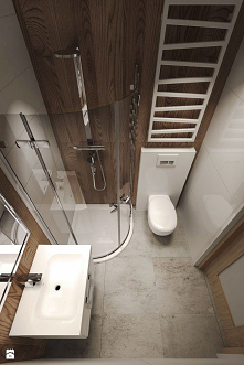 Mała łazienka w mieszkaniu bez okna, z wiszącą toaletą, z narożną kabiną prysznicową, z brązowymi płytkami, z deszczownicą, z brązowymi ścianami, nowoczesny styl - opublikowane ...