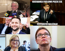 DAMY I HUZARY

Ruszają, aby trzymać się tradycji starych
w bój z "europejską hydrą" damy i huzary.
Usta ich wykrzywione, oczy gromy niecą,
wrzask się niesie daleko kie...